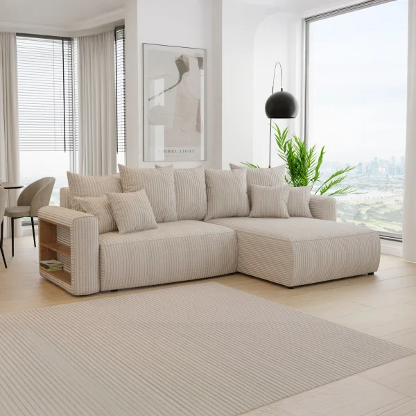 Divano letto angolare reversibile 260x160cm velluto a coste con libreria beige Mistery