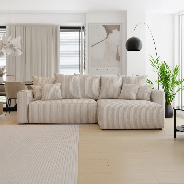 Divano letto angolare reversibile 260x160cm velluto a coste con libreria beige Mistery