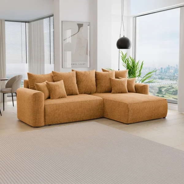 Divano letto angolare reversibile 260x160cm velluto a coste giallo senape Scintilla