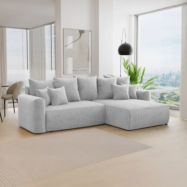 Divano letto angolare reversibile 260x160cm velluto a coste grigio chiaro Scintilla