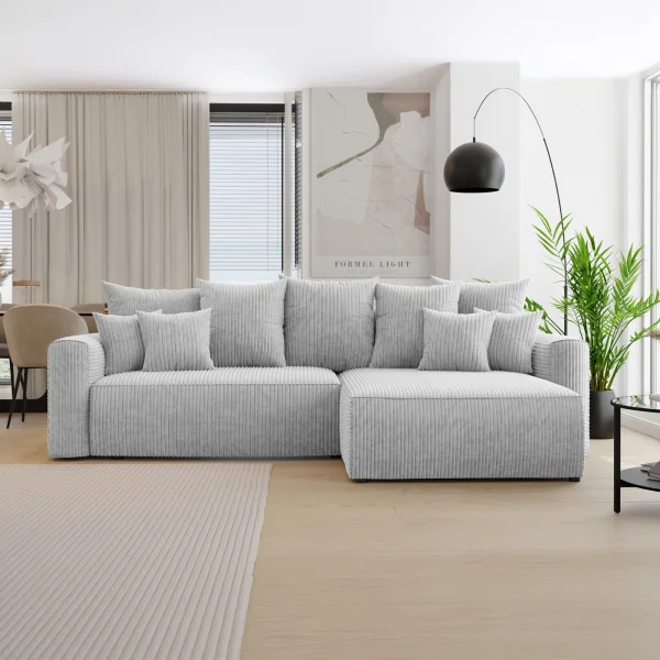 Divano letto angolare reversibile 260x160cm velluto a coste grigio chiaro Scintilla