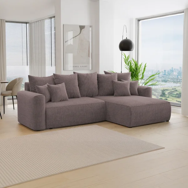 Divano letto angolare reversibile 260x160cm velluto a coste marrone Scintilla