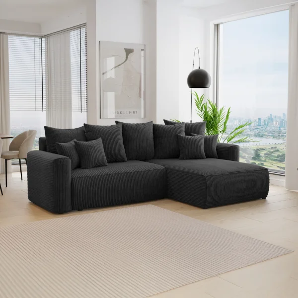 Divano letto angolare reversibile 260x160cm velluto a coste nero Scintilla