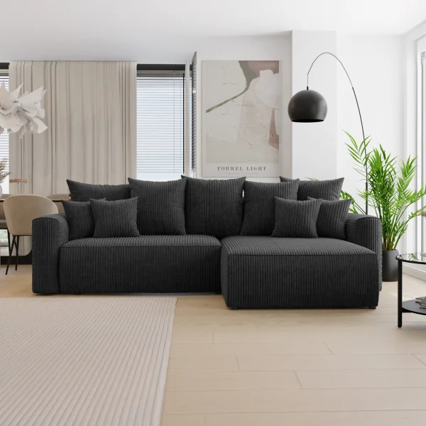 Divano letto angolare reversibile 260x160cm velluto a coste nero Scintilla