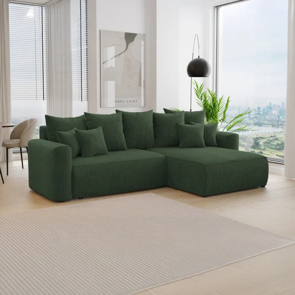 Divano letto angolare reversibile 260x160cm velluto a coste verde scuro Scintilla