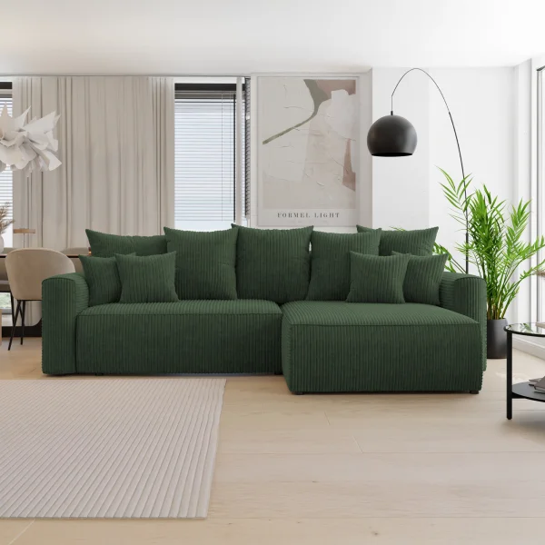 Divano letto angolare reversibile 260x160cm velluto a coste verde scuro Scintilla