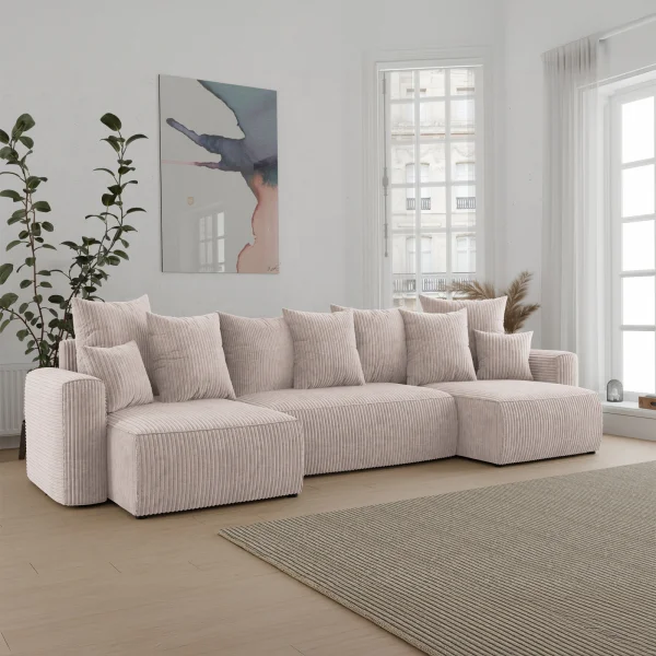 Divano letto panoramico 312x142cm velluto a coste beige Scintilla