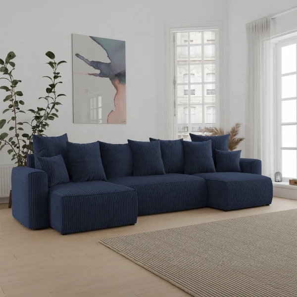 Divano letto panoramico 312x142cm velluto a coste blu Scintilla