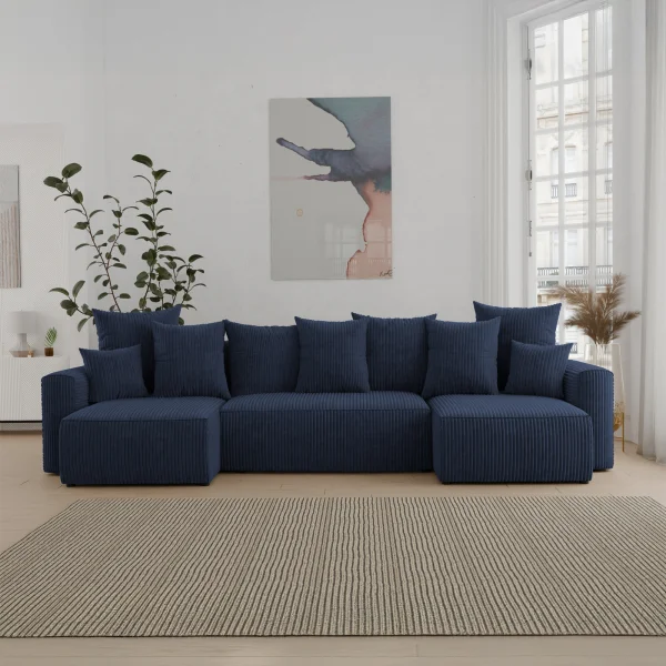 Divano letto panoramico 312x142cm velluto a coste blu Scintilla