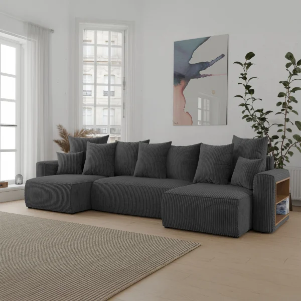 Divano letto panoramico 312x142cm velluto a coste con libreria a destra antracite Mistery