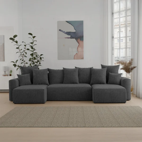 Divano letto panoramico 312x142cm velluto a coste con libreria a destra antracite Mistery