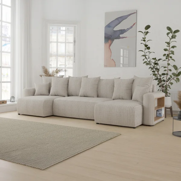 Divano letto panoramico 312x142cm velluto a coste con libreria a destra beige Mistery