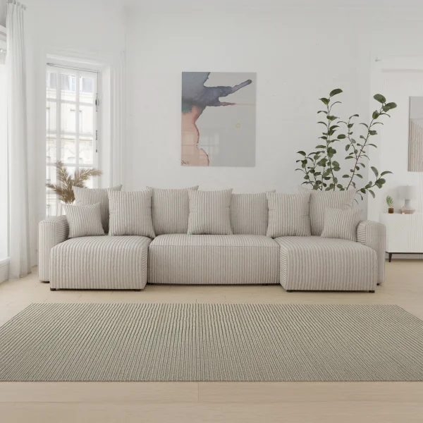 Divano letto panoramico 312x142cm velluto a coste con libreria a destra beige Mistery
