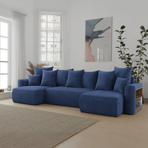 Divano letto panoramico 312x142cm velluto a coste con libreria a destra blu Mistery