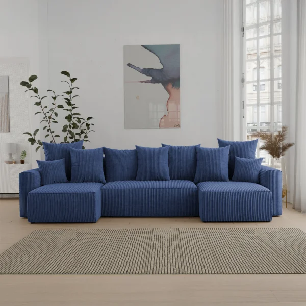 Divano letto panoramico 312x142cm velluto a coste con libreria a destra blu Mistery