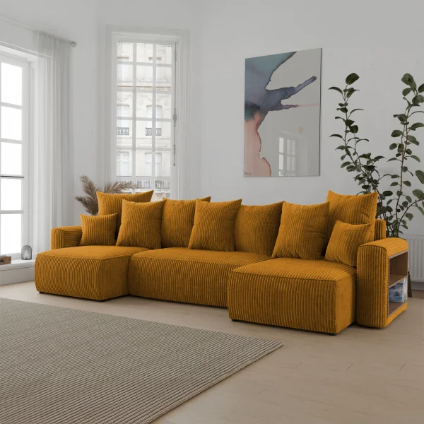 Divano letto panoramico 312x142cm velluto a coste con libreria a destra giallo senape Mistery