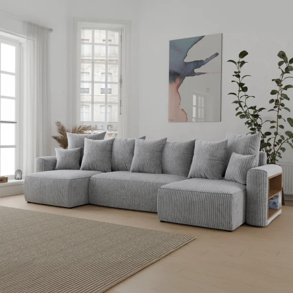 Divano letto panoramico 312x142cm velluto a coste con libreria a destra grigio chiaro Mistery