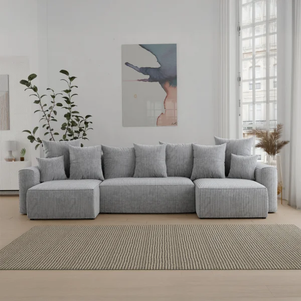 Divano letto panoramico 312x142cm velluto a coste con libreria a destra grigio chiaro Mistery