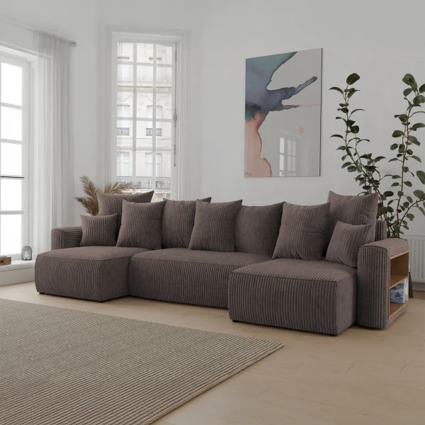 Divano letto panoramico 312x142cm velluto a coste con libreria a destra marrone Mistery
