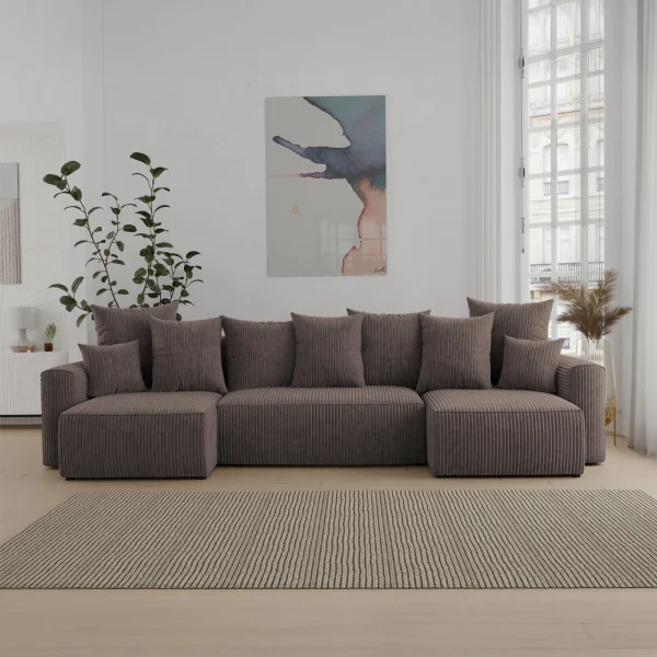 Divano letto panoramico 312x142cm velluto a coste con libreria a destra marrone Mistery