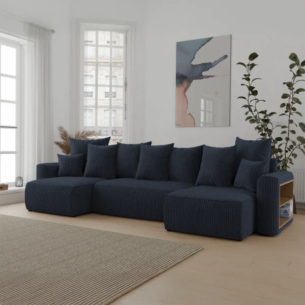 Divano letto panoramico 312x142cm velluto a coste con libreria a destra nero Mistery