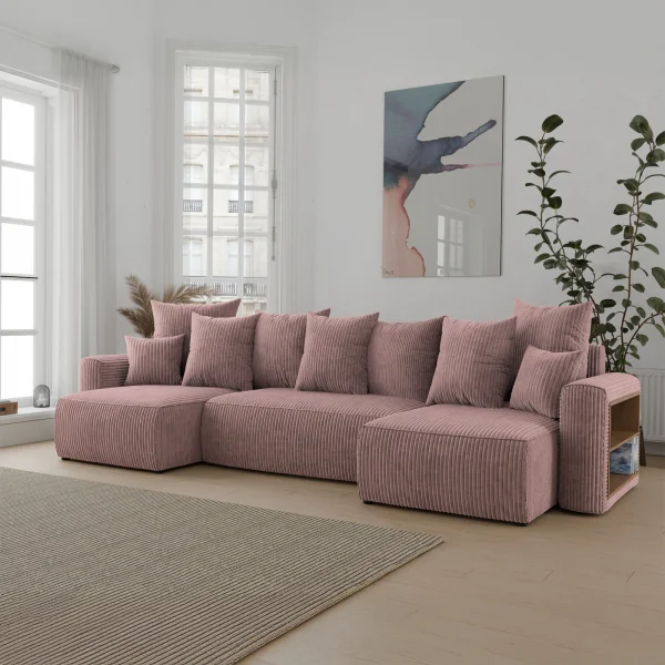Divano letto panoramico 312x142cm velluto a coste con libreria a destra rosa antico Mistery
