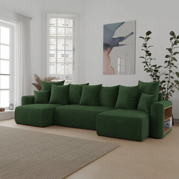 Divano letto panoramico 312x142cm velluto a coste con libreria a destra verde scuro Mistery