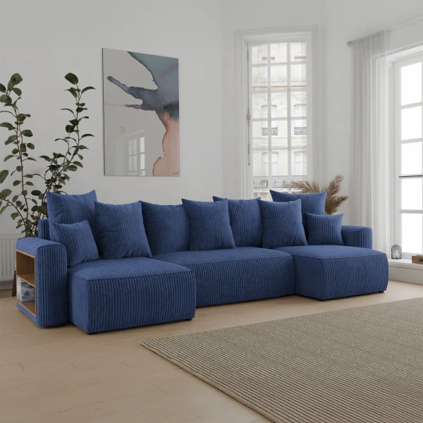Divano letto panoramico 312x142cm velluto a coste con libreria a sinistra blu Mistery