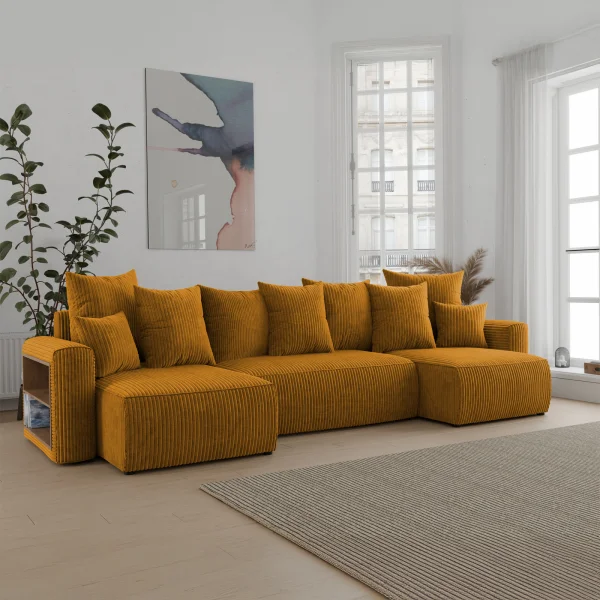 Divano letto panoramico 312x142cm velluto a coste con libreria a sinistra giallo senape Mistery