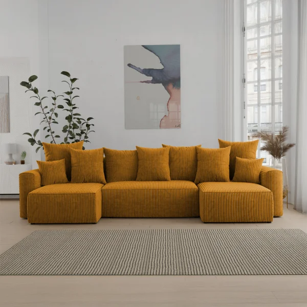 Divano letto panoramico 312x142cm velluto a coste con libreria a sinistra giallo senape Mistery