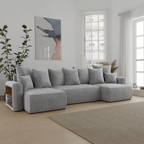 Divano letto panoramico 312x142cm velluto a coste con libreria a sinistra grigio chiaro Mistery