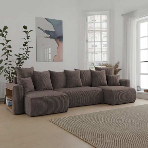 Divano letto panoramico 312x142cm velluto a coste con libreria a sinistra marrone Mistery