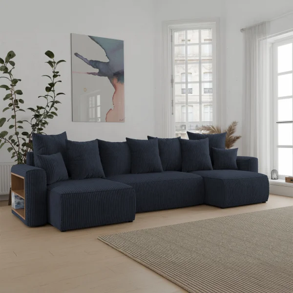 Divano letto panoramico 312x142cm velluto a coste con libreria a sinistra nero Mistery
