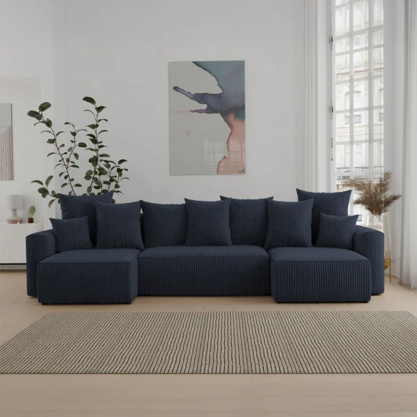 Divano letto panoramico 312x142cm velluto a coste con libreria a sinistra nero Mistery