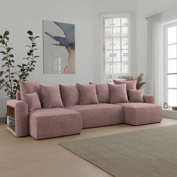 Divano letto panoramico 312x142cm velluto a coste con libreria a sinistra rosa antico Mistery