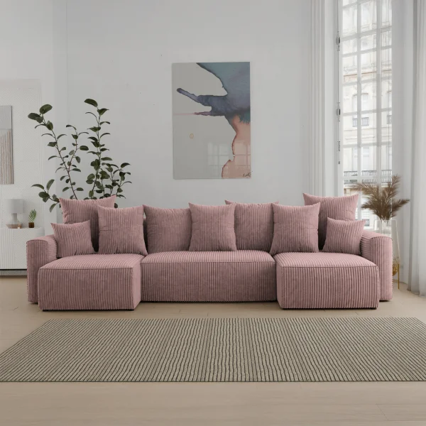 Divano letto panoramico 312x142cm velluto a coste con libreria a sinistra rosa antico Mistery