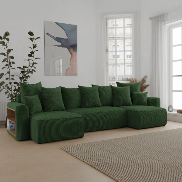 Divano letto panoramico 312x142cm velluto a coste con libreria a sinistra verde scuro Mistery