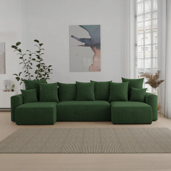 Divano letto panoramico 312x142cm velluto a coste con libreria a sinistra verde scuro Mistery