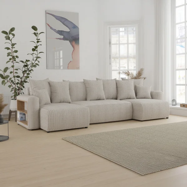 Divano letto panoramico 312x142cm velluto a coste con libreria beige Mistery
