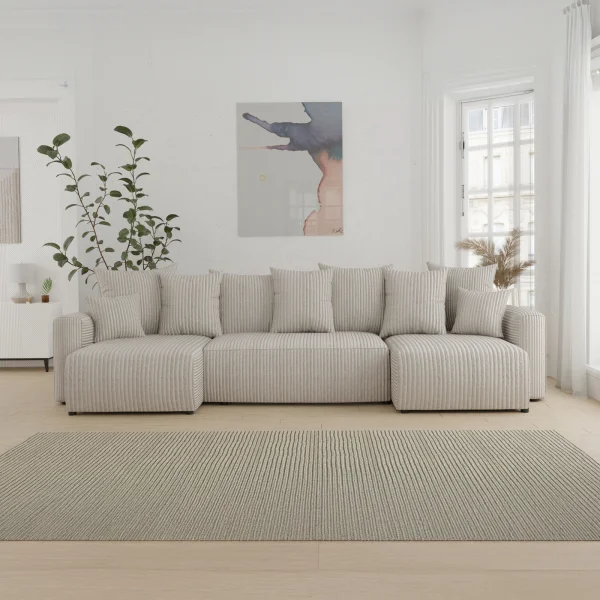 Divano letto panoramico 312x142cm velluto a coste con libreria beige Mistery