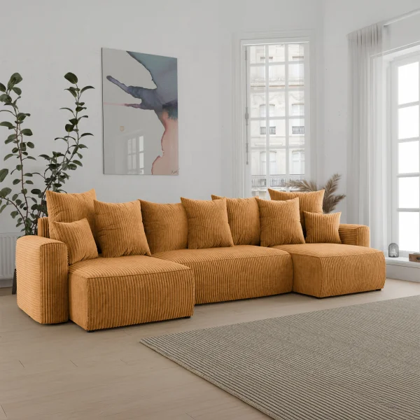 Divano letto panoramico 312x142cm velluto a coste giallo senape Scintilla