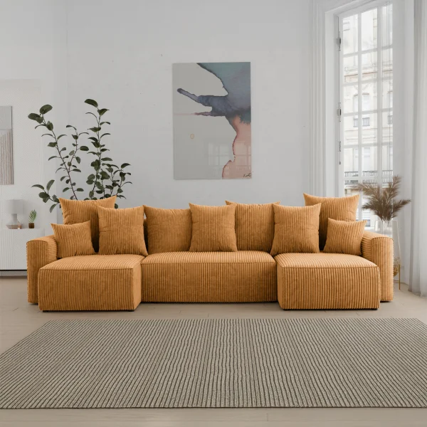 Divano letto panoramico 312x142cm velluto a coste giallo senape Scintilla