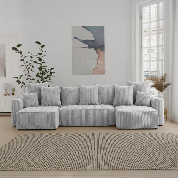 Divano letto panoramico 312x142cm velluto a coste grigio chiaro Scintilla