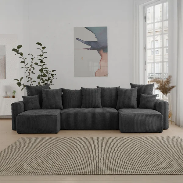 Divano letto panoramico 312x142cm velluto a coste nero Scintilla