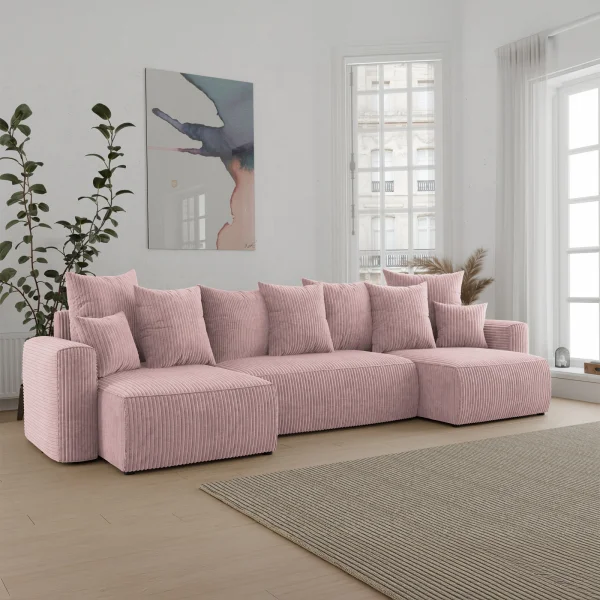 Divano letto panoramico 312x142cm velluto a coste rosa antico Scintilla