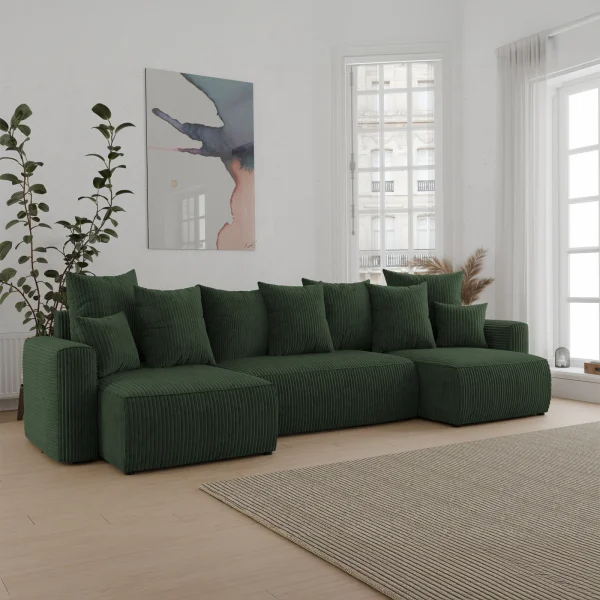 Divano letto panoramico 312x142cm velluto a coste verde scuro Scintilla