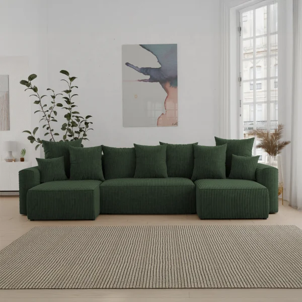 Divano letto panoramico 312x142cm velluto a coste verde scuro Scintilla