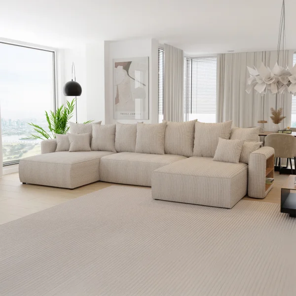 Divano letto panoramico 350x160cm velluto a coste con libreria a destra beige Mistery