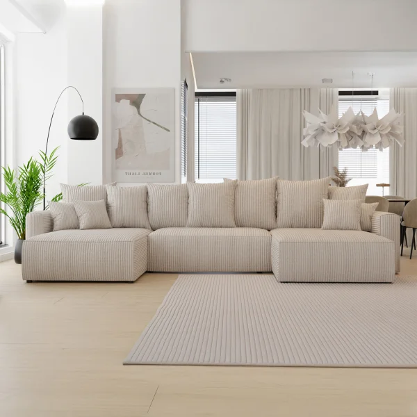 Divano letto panoramico 350x160cm velluto a coste con libreria a destra beige Mistery