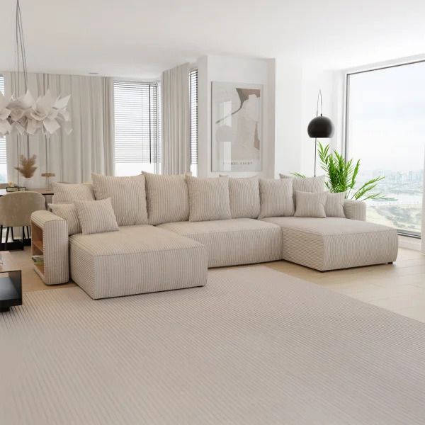 Divano letto panoramico 350x160cm velluto a coste con libreria beige Mistery